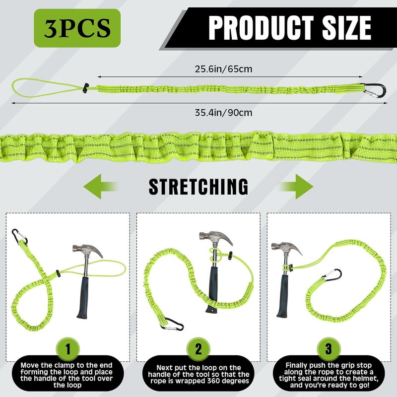 LEIFIDE 3 Pcs Tool Lanyard with Aluminum Screw Lock Buckle Retractable Bungee Cord 17.6lb 8kg Tough Adjustable Tether Tool Harness Fall Protection Tether for Construction(Green) - Image 2